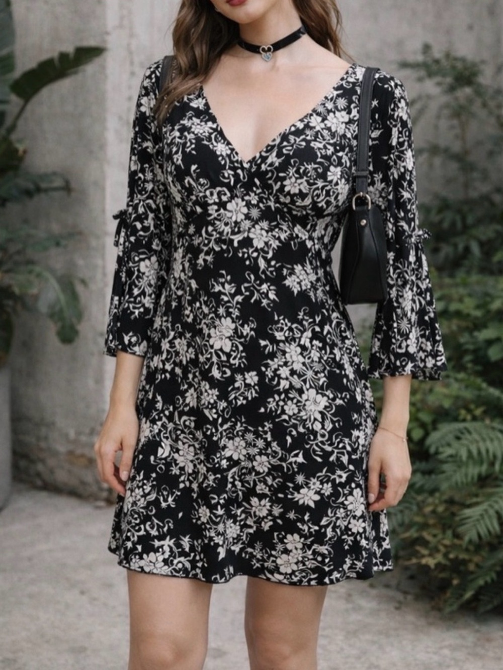 Vintage Y2K Per Seption Black & White Floral Wrap Dress Size M Romantic Grunge